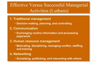 Effective Versus Successful Managerial Activities (Luthans) Traditional management Decision making, planning, and controlling Communication Exchanging routine information and processing paperwork Human resource management Motivating, disciplining, managing conflict, staffing, and training Networking Socializing, politicking, and interacting with others 