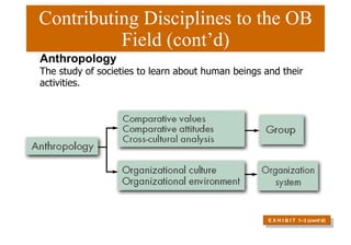 Contributing Disciplines to the OB Field (cont’d) E X H I B I T  1 –3 (cont’d) Anthropology The study of societies to learn about human beings and their activities. 