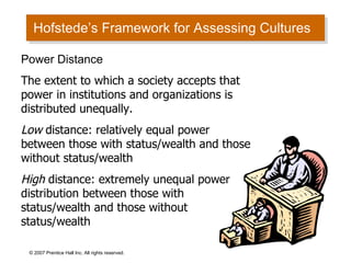 Hofstede’s Framework for Assessing Cultures © 2007 Prentice Hall Inc. All rights reserved. Power Distance The extent to which a society accepts that power in institutions and organizations is distributed unequally. Low  distance: relatively equal power between those with status/wealth and those without status/wealth High  distance: extremely unequal power distribution between those with status/wealth and those without status/wealth 