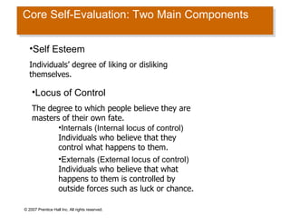 Core Self-Evaluation: Two Main Components © 2007 Prentice Hall Inc. All rights reserved. Self Esteem  Individuals’ degree of liking or disliking themselves.  Locus of Control The degree to which people believe they are masters of their own fate. Internals (Internal locus of control)  Individuals who believe that they control what happens to them.  Externals (External locus of control) Individuals who believe that what happens to them is controlled by outside forces such as luck or chance. 