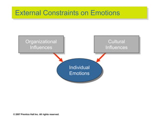 © 2007 Prentice Hall Inc. All rights reserved.
External Constraints on Emotions
Organizational
Influences
Cultural
Influences
Individual
Emotions
 
