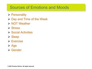 © 2007 Prentice Hall Inc. All rights reserved.
Sources of Emotions and Moods
 Personality
 Day and Time of the Week
 NOT Weather
 Stress
 Social Activities
 Sleep
 Exercise
 Age
 Gender
 
