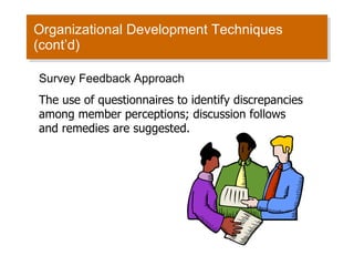 Organizational Development Techniques (cont’d) Survey Feedback Approach The use of questionnaires to identify discrepancies among member perceptions; discussion follows and remedies are suggested. 
