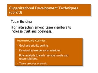 Organizational Development Techniques (cont’d) Team Building Activities: Goal and priority setting. Developing interpersonal relations. Role analysis to each member’s role and responsibilities. Team process analysis. Team Building High interaction among team members to increase trust and openness. 