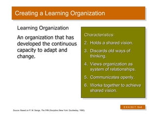 Creating a Learning Organization Characteristics: Holds a shared vision. Discards old ways of thinking. Views organization as system of relationships. Communicates openly. Works together to achieve shared vision. Learning Organization An organization that has developed the continuous capacity to adapt and change. Source:  Based on P. M. Senge,  The Fifth Discipline  (New York: Doubleday, 1990). E X H I B I T  19 –6 