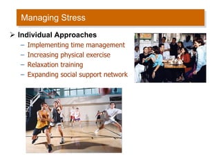 Managing Stress Individual Approaches Implementing time management Increasing physical exercise Relaxation training Expanding social support network 