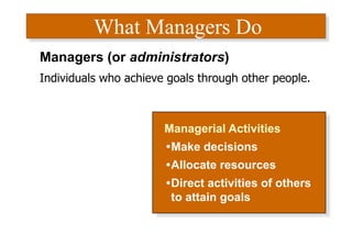 What Managers Do
Managerial Activities
•Make decisions
•Allocate resources
•Direct activities of others
to attain goals
Managers (or administrators)
Individuals who achieve goals through other people.
 