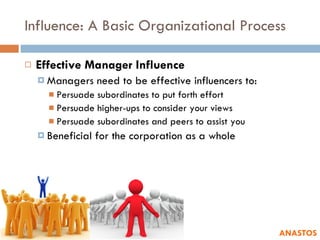 Influence: A Basic Organizational Process Effective Manager Influence Managers need to be effective influencers to: Persuade subordinates to put forth effort Persuade higher-ups to consider your views Persuade subordinates and peers to assist you Beneficial for the corporation as a whole ANASTOS 