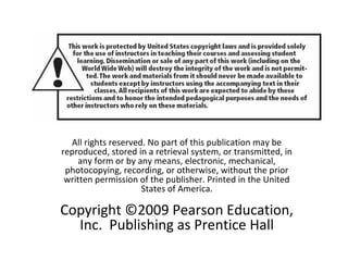 All rights reserved. No part of this publication may be
reproduced, stored in a retrieval system, or transmitted, in
any form or by any means, electronic, mechanical,
photocopying, recording, or otherwise, without the prior
written permission of the publisher. Printed in the United
States of America.
Copyright ©2009 Pearson Education,
Inc. Publishing as Prentice Hall
 