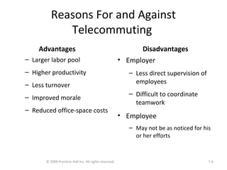 Reasons For and Against
Telecommuting
Advantages
– Larger labor pool
– Higher productivity
– Less turnover
– Improved morale
– Reduced office-space costs
Disadvantages
• Employer
– Less direct supervision of
employees
– Difficult to coordinate
teamwork
• Employee
– May not be as noticed for his
or her efforts
© 2009 Prentice-Hall Inc. All rights reserved. 7-6
 