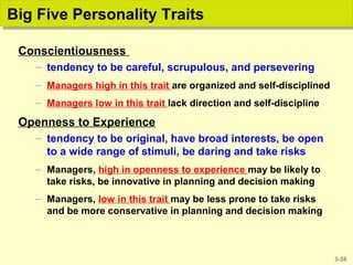 3-38
Big Five Personality TraitsBig Five Personality Traits
Conscientiousness
– tendency to be careful, scrupulous, and persevering
– Managers high in this trait are organized and self-disciplined
– Managers low in this trait lack direction and self-discipline
Openness to Experience
– tendency to be original, have broad interests, be open
to a wide range of stimuli, be daring and take risks
– Managers, high in openness to experience may be likely to
take risks, be innovative in planning and decision making
– Managers, low in this trait may be less prone to take risks
and be more conservative in planning and decision making
 