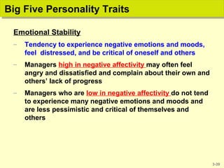 3-39
Big Five Personality TraitsBig Five Personality Traits
Emotional Stability
– Tendency to experience negative emotions and moods,
feel distressed, and be critical of oneself and others
– Managers high in negative affectivity may often feel
angry and dissatisfied and complain about their own and
others’ lack of progress
– Managers who are low in negative affectivity do not tend
to experience many negative emotions and moods and
are less pessimistic and critical of themselves and
others
 
