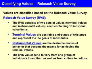 Values are classified based on the Rokeach Value Survey.
Rokeach Value Survey (RVS):
 The RVS consists of two sets of values (terminal values
and instrumental values), each containing 18 individual
value items.
 Terminal Values are desirable end-states of existence
and represent the life goals of individuals.
 Instrumental Values are the desirable modes of
behavior that become the means for achieving the
terminal values.
 The RVS values tend to vary from one group of
individuals to another, as well as from culture to culture.
Classifying Values – Rokeach Value SurveyClassifying Values – Rokeach Value Survey
 