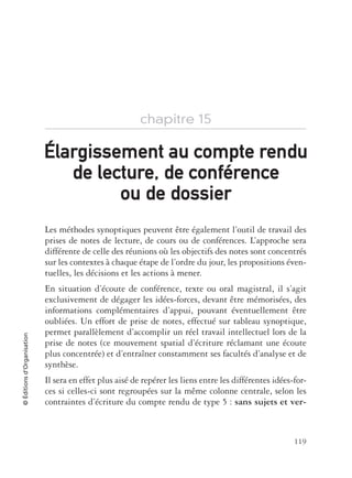 119
©Éditionsd’Organisation
chapitre 15
Les méthodes synoptiques peuvent être également l’outil de travail des
prises de notes de lecture, de cours ou de conférences. L’approche sera
différente de celle des réunions où les objectifs des notes sont concentrés
sur les contextes à chaque étape de l’ordre du jour, les propositions éven-
tuelles, les décisions et les actions à mener.
En situation d’écoute de conférence, texte ou oral magistral, il s’agit
exclusivement de dégager les idées-forces, devant être mémorisées, des
informations complémentaires d’appui, pouvant éventuellement être
oubliées. Un effort de prise de notes, effectué sur tableau synoptique,
permet parallèlement d’accomplir un réel travail intellectuel lors de la
prise de notes (ce mouvement spatial d’écriture réclamant une écoute
plus concentrée) et d’entraîner constamment ses facultés d’analyse et de
synthèse.
Il sera en effet plus aisé de repérer les liens entre les différentes idées-for-
ces si celles-ci sont regroupées sur la même colonne centrale, selon les
contraintes d’écriture du compte rendu de type 5 : sans sujets et ver-
ÉÉlargissement au compte rendulargissement au compte rendu
de lecture, de confde lecture, de conférencerence
ou de dossierou de dossier
 