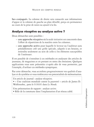 R É U S S I R S E S C O M P T E S R E N D U S
120
©Éditionsd’Organisation
bes conjugués. La colonne de droite sera consacrée aux informations
d’appui et la colonne de gauche au plan détaillé, perçu en permanence
au cours de la prise de notes ou ajouté à la ﬁn.
Analyse réceptive ou analyse active ?
Deux démarches sont possibles :
– une approche réceptive où la seule initiative est concentrée dans
l’effort de répartition de la matière entre les colonnes.
– une approche active pour laquelle le lecteur ou l’auditeur aura
préalablement créé une grille spéciale, adaptée à ses besoins, et
retiendra seulement au sein de celle-ci les éléments susceptibles
de l’intéresser.
Il est possible de s’entraîner à ces méthodes en analysant des articles de
journaux, de magazines et en prenant en notes des émissions. Quelques
applications vous sont présentées ci-après aﬁn de vous permettre, par
l’exemple, d’utiliser ces méthodes synoptiques.
Par cette démarche, vous accroîtrez progressivement vos qualités d’ana-
lyse et de synthèse et vous renforcerez vos potentialités de mémorisation.
Un article de journal : analyse réceptive.
• « Une coalition mondiale contre la pauvreté » article de James D.
Wolfensohn, paru le 9.10.01 dans Le Monde.
Une présentation de rapport : analyse active.
• Rôle de la commune dans l’implantation d’un réseau cablé.
 