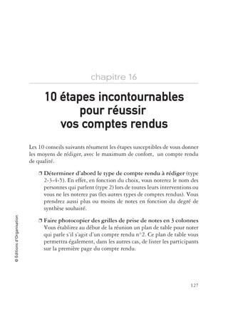 127
©Éditionsd’Organisation
chapitre 16
Les 10 conseils suivants résument les étapes susceptibles de vous donner
les moyens de rédiger, avec le maximum de confort, un compte rendu
de qualité.
❐ Déterminer d’abord le type de compte rendu à rédiger (type
2-3-4-5). En effet, en fonction du choix, vous noterez le nom des
personnes qui parlent (type 2) lors de toutes leurs interventions ou
vous ne les noterez pas (les autres types de comptes rendus). Vous
prendrez aussi plus ou moins de notes en fonction du degré de
synthèse souhaité.
❐ Faire photocopier des grilles de prise de notes en 3 colonnes
Vous établirez au début de la réunion un plan de table pour noter
qui parle s’il s’agit d’un compte rendu n°2. Ce plan de table vous
permettra également, dans les autres cas, de lister les participants
sur la première page du compte rendu.
1010 étapes incontournablestapes incontournables
pour rpour réussirussir
vos comptes rendusvos comptes rendus
 