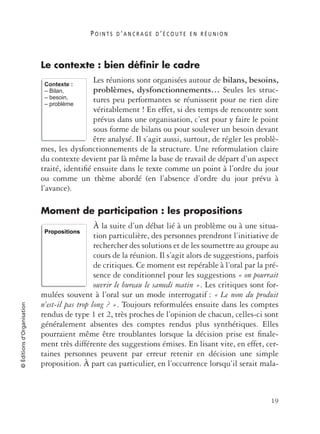 P O I N T S D ’ A N C R A G E D ’ É C O U T E E N R É U N I O N
19
©Éditionsd’Organisation
Le contexte : bien définir le cadre
Les réunions sont organisées autour de bilans, besoins,
problèmes, dysfonctionnements… Seules les struc-
tures peu performantes se réunissent pour ne rien dire
véritablement ! En effet, si des temps de rencontre sont
prévus dans une organisation, c’est pour y faire le point
sous forme de bilans ou pour soulever un besoin devant
être analysé. Il s’agit aussi, surtout, de régler les problè-
mes, les dysfonctionnements de la structure. Une reformulation claire
du contexte devient par là même la base de travail de départ d’un aspect
traité, identiﬁé ensuite dans le texte comme un point à l’ordre du jour
ou comme un thème abordé (en l’absence d’ordre du jour prévu à
l’avance).
Moment de participation : les propositions
À la suite d’un débat lié à un problème ou à une situa-
tion particulière, des personnes prendront l’initiative de
rechercher des solutions et de les soumettre au groupe au
cours de la réunion. Il s’agit alors de suggestions, parfois
de critiques. Ce moment est repérable à l’oral par la pré-
sence de conditionnel pour les suggestions « on pourrait
ouvrir le bureau le samedi matin ». Les critiques sont for-
mulées souvent à l’oral sur un mode interrogatif : « Le nom du produit
n’est-il pas trop long ? ». Toujours reformulées ensuite dans les comptes
rendus de type 1 et 2, très proches de l’opinion de chacun, celles-ci sont
généralement absentes des comptes rendus plus synthétiques. Elles
pourraient même être troublantes lorsque la décision prise est ﬁnale-
ment très différente des suggestions émises. En lisant vite, en effet, cer-
taines personnes peuvent par erreur retenir en décision une simple
proposition. À part cas particulier, en l’occurrence lorsqu’il serait mala-
Contexte :
– Bilan,
– besoin,
– problème
Propositions
 