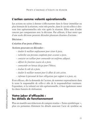 P O I N T S D ’ A N C R A G E D ’ É C O U T E E N R É U N I O N
21
©Éditionsd’Organisation
L’action comme volonté opérationnelle
Les actions ou suites à donner s’effectueront dans le futur immédiat ou
plus lointain de la réunion, voire très proche, dans le cas où celles-ci doi-
vent être opérationnelles très vite après la réunion. Elles sont d’ordre
concret par comparaison avec la décision. Par ailleurs, il faut noter que
d’une seule décision peuvent découler plusieurs dizaines d’actions :
Décision :
Création d’un poste d’hôtesse.
Actions pouvant en découler :
– étudier le meilleur emplacement pour situer le poste,
– rechercher une personne compétente pour assumer ce poste,
– contacter un tailleur pour commander un uniforme adéquat,
– définir les fonctions exactes de ce poste,
– commander un bureau design pour l’hôtesse,
– évaluer le coût de ce poste,
– étudier le meilleur moment pour le début de cette action,
– informer le personnel de leurs obligations par rapport à ce poste, etc.
Il est efﬁcace, dès la demande de l’action, de nommer expressément dans
le texte le responsable de celle-ci aﬁn de le responsabiliser vraiment.
Cependant, si la volonté est très opérationnelle, il faut également noter
les dates butoirs de réalisation.
Votre joker d’efficacité :
les détails de fonctionnement
Plus on martèle aux rédacteurs de comptes rendus « Faites synthétique »,
plus ces personnes éliminent les détails associant l’acte de synthèse au
 