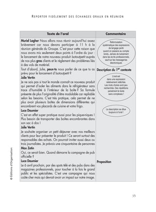 R E P O R T E R F I D È L E M E N T D E S É C H A N G E S O R A U X E N R É U N I O N
35
©Éditionsd’Organisation
Texte de l’oral Commentaire
Muriel Lagher Nous allons nous réunir aujourd’hui assez
brièvement car nous devons participer à 11 h à la
réunion générale du Groupe. C’est pour cette raison que
nous avons mis seulement deux points à l’ordre du jour :
le lancement de notre nouveau produit Isotoutpetit auprès
de nos plus gros clients et le règlement des problèmes liés
à des vols de matériel.
Tout d’abord, Julie, peux-tu nous parler de ce que tu as
prévu pour le lancement d’Isotoutpetit ?
Julie Vertin
Je ne sais pas si tout le monde connaît ce nouveau produit
qui permet d’isoler les aliments dans le réfrigérateur sans
trace d’humidité à l’intérieur de la boîte ? Sa formule
présente de plus l’originalité d’être modulable car repliable
selon les besoins. C’est très pratique, cela permet de ne
plus avoir plusieurs boîtes de dimensions différentes qui
encombrent vos placards de cuisine et votre frigo.
Luce Daumier
C’est en effet super pratique aussi pour les pique-niques !
Plus besoin de transporter des boîtes encombrantes dans
son sac à dos !
Julie Vertin
Je souhaite organiser un petit déjeuner avec nos meilleurs
clients pour leur présenter le produit ! Ce seront surtout des
responsables des achats. On pourrait inviter aussi deux ou
trois journalistes. Je prévois une cinquantaine de personnes
Max Zetin
Oui, ce serait bien. Quand démarre la campagne de pub
ofﬁcielle ?
Luce Daumier
Le 6 avril prochain, par des spots télé et des pubs dans des
magazines professionnels, pour toucher à la fois le grand
public et les spécialistes. C’est une campagne qui nous
coûte cher mais qui devrait avoir un impact sur notre image.
Description du 1er contexte
Proposition
Reformulation
systématique des expressions
de langage parlé
quand on passera au compte
rendu. Jamais de tutoiement
dans les écrits professionnels,
sauf sur les messageries
électroniques
L’oral est
dans une expression
relativement relâchée.
Les mots choisis sont peu
recherchés. Des répétitions
parsèment le texte
sans complexes !
La description se dilue
toujours à l’oral !
 
