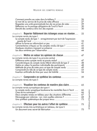 R É U S S I R S E S C O M P T E S R E N D U S
VI
©Éditionsd’Organisation
Comment prendre ses notes dans le tableau ? .................................... 26
Le mot clé au service de la prise de notes efficace .............................. 27
Respectez une unité grammaticale lors de vos prises de notes ............. 29
Réflexions sur le passage obligatoire de l’oral à l’écrit ........................ 30
Densité des contenus émis lors des exposés ....................................... 30
chapitre 5 : Reporter fidèlement des échanges oraux en réunion..... 33
Le compte rendu de type 1
Le compte rendu de type 1 : enregistrement par écrit de l’expression
exacte de l’oral ............................................................................ 33
Affiner la forme en reformulant un peu ............................................. 41
Commentaires critiques sur les comptes rendus de type 1 ................... 43
Quelques situations imposent sa présence ......................................... 44
Les deux extrêmes par l’observation .................................................. 44
chapitre 6 : Mettre en valeur les opinions de chacun ........................ 47
Le compte rendu de type 2 ou procès-verbal
Différence entre compte rendu et procès-verbal .................................. 47
Caractéristiques du compte rendu littéral reformulé de type 2 ............. 48
Mettre en valeur la position individuelle des participants .................... 48
Méthode de prise de notes pour ce type de compte rendu .................. 49
Comprendre le rôle de ce type de compte rendu ................................ 53
Insertion artificielle de titres par souci de lisibilité ............................... 54
chapitre 7 : Comprendre en synthèse les contenus ........................... 59
Le compte rendu de type 3
chapitre 8 : Visualiser les contenus de manière plus claire............... 65
Le compte rendu synoptique de type 4
Le compte rendu synoptique bouleverse les mentalités face à l’écrit ..... 66
Osez écrire autrement ! ................................................................... 66
Deux comptes rendus en tableau pour des situations différentes .......... 67
Découpage par colonnes : oui, mais quelles colonnes ? ...................... 68
Une synthèse systématique des propos tenus ...................................... 73
chapitre 9 : Effectuer pour les autres l’effort de synthèse................. 75
Le compte rendu très synthétique en tableau, de type 5
Un document avec secret de fabrication ............................................ 75
 