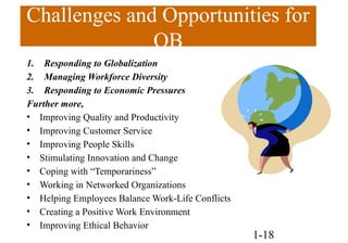 Challenges and Opportunities for
OB
1. Responding to Globalization
2. Managing Workforce Diversity
3. Responding to Economic Pressures
Further more,
• Improving Quality and Productivity
• Improving Customer Service
• Improving People Skills
• Stimulating Innovation and Change
• Coping with “Temporariness”
• Working in Networked Organizations
• Helping Employees Balance Work-Life Conflicts
• Creating a Positive Work Environment
• Improving Ethical Behavior
1-18
 