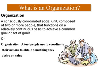 What is an Organization?
Organization
A consciously coordinated social unit, composed
of two or more people, that functions on a
relatively continuous basis to achieve a common
goal or set of goals.
Or
Organization: A tool people use to coordinate
their actions to obtain something they
desire or value
 