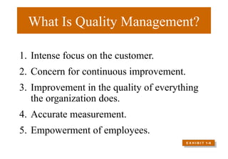 What Is Quality Management?
1. Intense focus on the customer.
2. Concern for continuous improvement.
3. Improvement in the quality of everything
the organization does.
4. Accurate measurement.
5. Empowerment of employees.
E X H I B I T 1–6
 