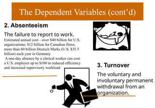 The Dependent Variables (cont’d)
2. Absenteeism
The failure to report to work.
Estimated annual cost—over $40 billion for U.S.
organizations; $12 billion for Canadian firms;
more than 60 billion Deutsch Marks (U.S. $35.5
billion) each year in Germany
A one-day absence by a clerical worker can cost
a U.S. employer up to $100 in reduced efficiency
and increased supervisory workload. 3. Turnover
The voluntary and
involuntary permanent
withdrawal from an
organization.
 