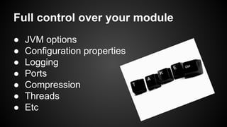 Full control over your module
● JVM options
● Configuration properties
● Logging
● Ports
● Compression
● Threads
● Etc
 