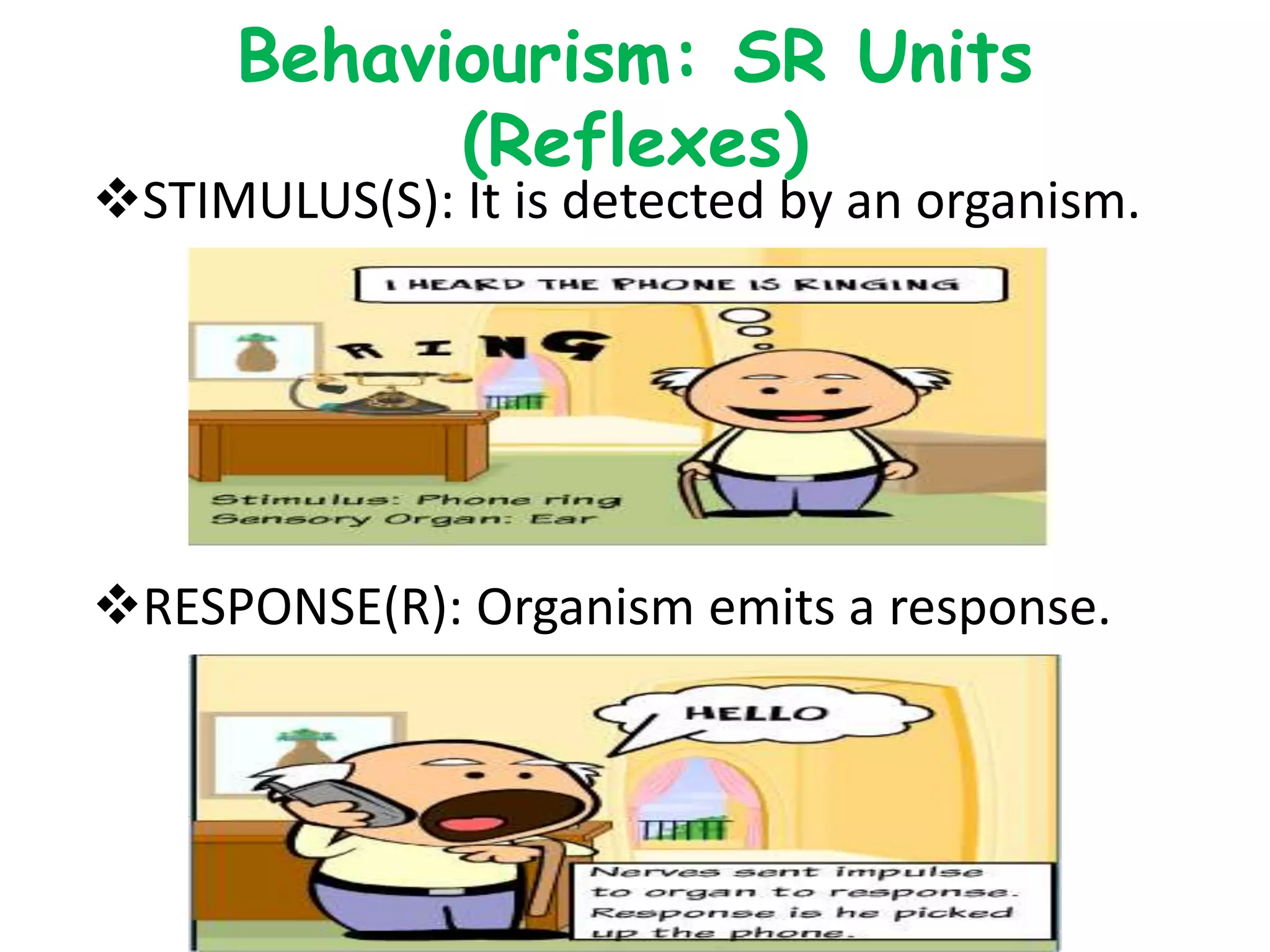 Behaviourism: SR Units
(Reflexes)
STIMULUS(S): It is detected by an organism.
RESPONSE(R): Organism emits a response.
 