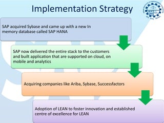 Implementation Strategy
SAP acquired Sybase and came up with a new In
memory database called SAP HANA



     SAP now delivered the entire stack to the customers
     and built application that are supported on cloud, on
     mobile and analytics



           Acquiring companies like Ariba, Sybase, Successfactors




                Adoption of LEAN to foster innovation and established
                centre of excellence for LEAN
 