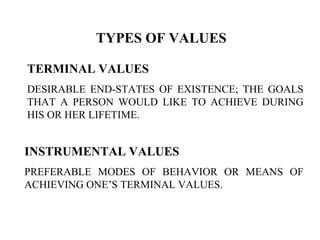 TYPES OF VALUES
TERMINAL VALUES
DESIRABLE END-STATES OF EXISTENCE; THE GOALS
THAT A PERSON WOULD LIKE TO ACHIEVE DURING
HIS OR HER LIFETIME.
INSTRUMENTAL VALUES
PREFERABLE MODES OF BEHAVIOR OR MEANS OF
ACHIEVING ONE’S TERMINAL VALUES.
 