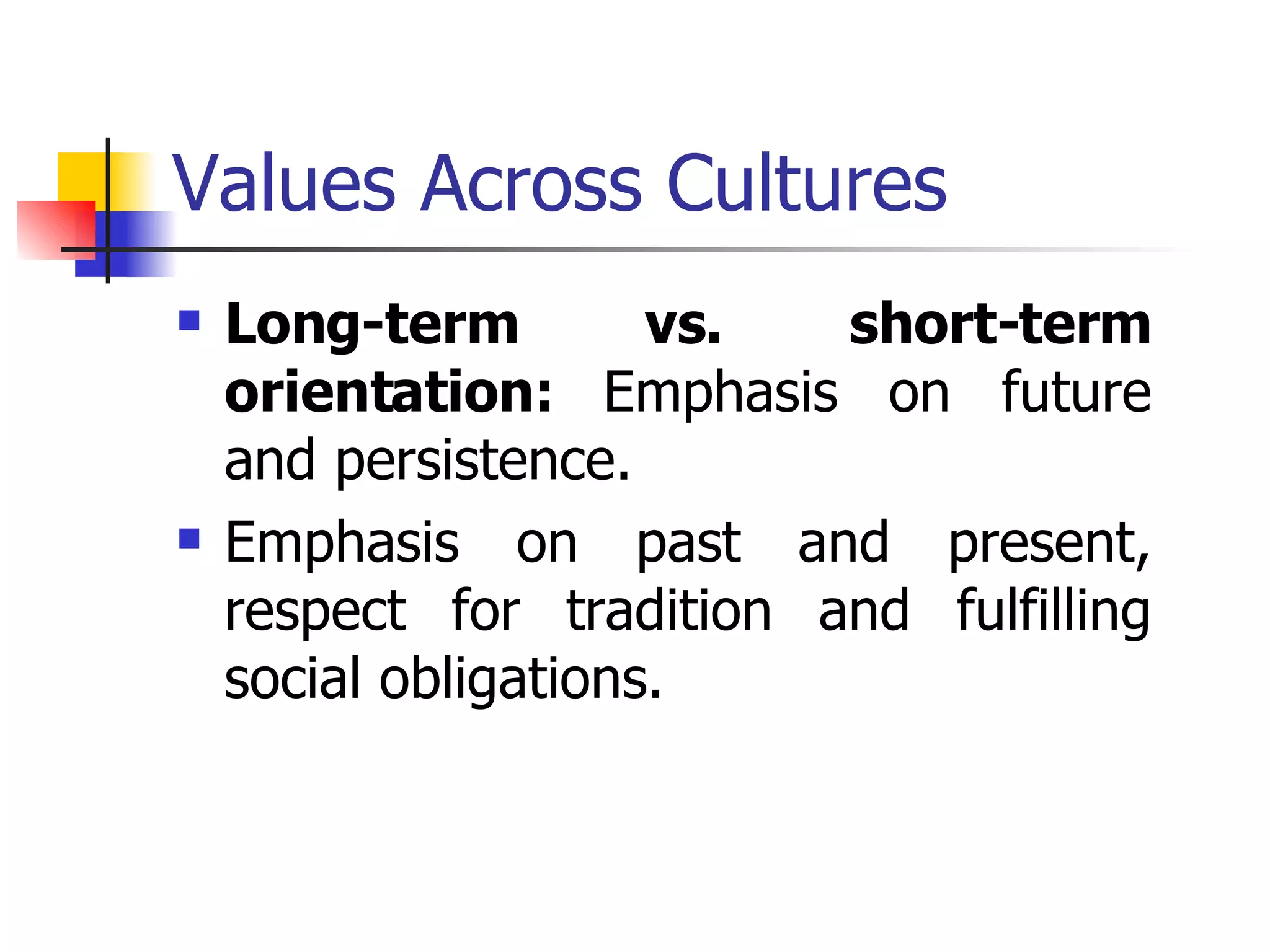 Values Across Cultures Long-term vs. short-term orientation:  Emphasis on future and persistence. Emphasis on past and present, respect for tradition and fulfilling social obligations. 