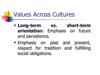 Values Across Cultures Long-term vs. short-term orientation:  Emphasis on future and persistence. Emphasis on past and present, respect for tradition and fulfilling social obligations. 