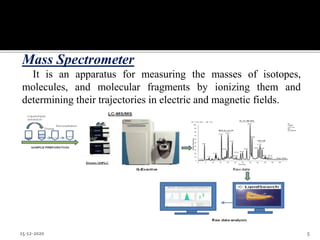Mass Spectrometer
It is an apparatus for measuring the masses of isotopes,
molecules, and molecular fragments by ionizing them and
determining their trajectories in electric and magnetic fields.
15-12-2020 5
 