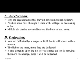 C. Acceleration:
 Ions are accelerated so that they all have same kinetic energy.
 Positive ions pass through 3 slits with voltage in decreasing
order.
 Middle slit carries intermediate and final one at zero volts.
D. Deflection:
 Ions are deflected by a magnetic field due to difference in their
masses.
 The lighter the mass, more they are deflected.
 It also depends upon the no. of +ve charge an ion is carrying;
the more +ve charge, more it will be deflected.
15-12-2020 9
 