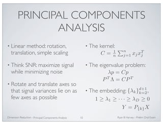 PRINCIPAL COMPONENTS 
ANALYSIS 
• Linear method: rotation, 
translation, simple scaling 
• Think SNR: maximize signal 
while minimizing noise 
• Rotate and translate axes so 
that signal variances lie on as 
few axes as possible 
• The kernel: 
C = 1n 
n 
j=1 xjxTj 
• The eigenvalue problem: 
λp = Cp 
PTΛ = CPT 
• The embedding: {λk}d+1 
k=2, 
1 ≥ λ1 ≥ · · · ≥ λD ≥ 0 
Y = P{k}X 
Ryan Dimension Reduction - B Harvey - Prelim Oral Exam 
Principal Components Analysis 10 
 