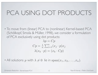 PCA USING DOT PRODUCTS 
• To move from (linear) PCA to (nonlinear) Kernel-based PCA 
(Schölkopf, Smola  Müller, 1998), we consider a formulation 
of PCA exclusively using dot products: 
λp = Cp 
Cp = 1n 
n 
i=1(xj · p)xj 
λ(xk · p) = (xk · Cp) 
p λ= 0 span(x1, x2, . . . ,xn) 
• All solutions with lie in . 
Ryan Dimension Reduction - B Harvey - Prelim Oral Exam 
Kernel-based PCA 12 
 