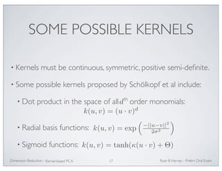 SOME POSSIBLE KERNELS 
• Kernels must be continuous, symmetric, positive semi-definite. 
• Some possible kernels proposed by Schölkopf et al include: 
dth 
• Dot product in the space of all order monomials: 
k(u, v) = (u · v)d 
k(u, v) = exp 
• Radial basis functions: 
• Sigmoid functions: 
 
−||u−v||2 
2σ2 
 
k(u, v) = tanh(κ(u · v) +Θ) 
Ryan Dimension Reduction - B Harvey - Prelim Oral Exam 
Kernel-based PCA 17 
 