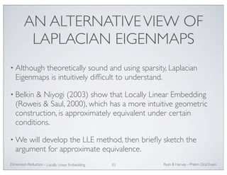 AN ALTERNATIVE VIEW OF 
LAPLACIAN EIGENMAPS 
• Although theoretically sound and using sparsity, Laplacian 
Eigenmaps is intuitively difficult to understand. 
• Belkin  Niyogi (2003) show that Locally Linear Embedding 
(Roweis  Saul, 2000), which has a more intuitive geometric 
construction, is approximately equivalent under certain 
conditions. 
•We will develop the LLE method, then briefly sketch the 
argument for approximate equivalence. 
Ryan Dimension Reduction - B Harvey - Prelim Oral Exam 
Locally Linear Embedding 33 
 