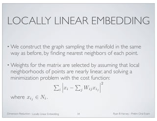LOCALLY LINEAR EMBEDDING 
•We construct the graph sampling the manifold in the same 
way as before, by finding nearest neighbors of each point. 
•Weights for the matrix are selected by assuming that local 
neighborhoods of points are nearly linear, and solving a 
minimization problem with the cost function: 
where . 
 
i 
 
xi − 
 
Ryan Dimension Reduction - B Harvey - Prelim Oral Exam 
Locally Linear Embedding 34 
j Wijxij 
 
2 
xij ∈ Ni 
 