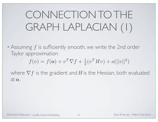 CONNECTION TO THE 
GRAPH LAPLACIAN (1) 
• Assuming f 
is sufficiently smooth, we write the 2nd order 
Taylor approximation 
f(v) = f(o) + vT∇f + 12 
where is the gradient and is the Hessian, both evaluated 
at . 
Ryan Dimension Reduction - B Harvey - Prelim Oral Exam 
Locally Linear Embedding 41 
(vTHv) + o(||v||2) 
o ∇f H 
 