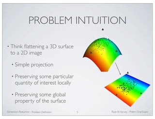 PROBLEM INTUITION 
• Think flattening a 3D surface 
to a 2D image 
• Simple projection 
• Preserving some particular 
quantity of interest locally 
• Preserving some global 
property of the surface 
Ryan Dimension Reduction - B Harvey - Prelim Oral Exam 
Problem Definition 5 
 
