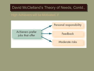David McClelland’s Theory of Needs, Contd., High Achievers will be Motivated, if 