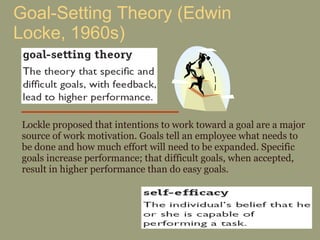 Goal-Setting Theory (Edwin Locke, 1960s) Lockle proposed that intentions to work toward a goal are a major source of work motivation. Goals tell an employee what needs to be done and how much effort will need to be expanded. Specific goals increase performance; that difficult goals, when accepted, result in higher performance than do easy goals. 