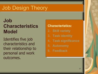 Job Design Theory Characteristics: Skill variety Task identity Task significance Autonomy Feedback Job Characteristics Model Identifies five job characteristics and their relationship to personal and work outcomes. 