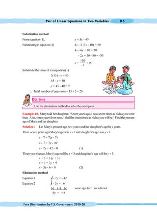 Pair of Linear Equations in Two Variables 9 5
FreeDistributionbyT.S.Government2019-20
Substitution method
Fromequation(1), y = 3x - 40
Substituting inequation (2) 4x - 2 (3x - 40) = 50
4x - 6x + 80 = 50
- 2x = 50 - 80 = -30
x =
30
2
-
-
=15
Substitute thevalue ofxinequation (1)
3(15) - y = 40
45 - y = 40
y = 45 - 40 = 5
 Total number of questions = 15 + 5 = 20
DO THIS
Use the eliminationmethod to solvethe example-9.
Example-10. Marytold her daughter, "Sevenyears ago, I was seven times as oldas you were
then. Also, three years fromnow, I shallbe three times as oldas you willbe." Find the present
age ofMaryand her daughter.
Solution : Let Mary's present age be x years and her daughter's age be y years.
Then, seven years ago Mary's age was x - 7 and daughter's age was y - 7.
x - 7 = 7(y - 7)
x - 7 = 7y - 49
x - 7y + 42 = 0 (1)
Three years hence, Mary's age will be x + 3 and daughter's age will be y + 3.
x + 3 = 3 (y + 3)
x + 3 = 3y + 9
x - 3y - 6 = 0 (2)
Elimination method
Equation1 x - 7y = - 42
Equation2 x - 3y = 6
(-) (+) (-) same sign for x, so subtract.
-4y = -48
 