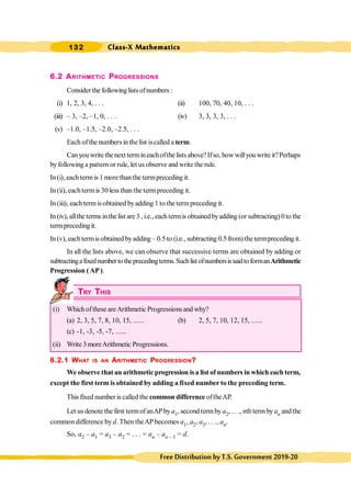 Class-X Mathematics
132
FreeDistributionbyT.S.Government2019-20
6.2 ARITHMETIC PROGRESSIONS
Consider the followinglistsofnumbers:
(i) 1, 2, 3, 4, . . . (ii) 100, 70, 40, 10, . . .
(iii) – 3, –2, –1, 0, . . . (iv) 3, 3, 3, 3, . . .
(v) –1.0, –1.5, –2.0, –2.5, . . .
Each ofthe numbers in the list iscalled a term.
Canyou writethenext termineachofthe listsabove?Ifso, how willyou writeit?Perhaps
byfollowing a pattern or rule, let us observe and write the rule.
In (i), each termis 1 more than the termpreceding it.
In (ii), eachtermis 30 less than the termpreceding it.
In (iii), eachtermis obtained byadding 1 to the termpreceding it.
In (iv), allthe terms inthe list are 3 , i.e., each termis obtainedbyadding (or subtracting) 0 to the
termpreceding it.
In (v), eachtermis obtained byadding – 0.5 to (i.e., subtracting 0.5 from) the termpreceding it.
In all the lists above, we can observe that successive terms are obtained by adding or
subtractingafixednumbertotheprecedingterms.SuchlistofnumbersissaidtoformanArithmetic
Progression (AP).
TRY THIS
(i) Which ofthese areArithmetic Progressions and why?
(a) 2, 3, 5, 7, 8, 10, 15, ...... (b) 2, 5, 7, 10, 12, 15, ......
(c) -1, -3, -5, -7, ......
(ii) Write 3moreArithmetic Progressions.
6.2.1 WHAT IS AN ARITHMETIC PROGRESSION?
We observe that an arithmetic progression is a list of numbers in which each term,
except the first term is obtained by adding a fixed number to the preceding term.
This fixed number is called the common difference oftheAP.
Let us denote the first termofanAPby a1, second termbya2, . . ., nth termbyan andthe
common difference by d. Then theAP becomes a1, a2, a3, . . ., an.
So, a2 – a1 = a3 – a2 = . . . = an – an – 1 = d.
 