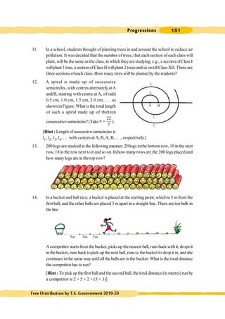 Progressions 151
FreeDistributionbyT.S.Government2019-20
11. In a school, students thought ofplanting trees in and around the school to reduce air
pollution. It was decided that the number of trees, that each section of each class will
plant, willbe the same as the class, in which theyarestudying, e.g., a sectionofClass I
willplant 1 tree, a sectionofClass II willplant 2 treesandso ontillClassXII. There are
three sections ofeach class. How manytrees willbe planted by the students?
12. A spiral is made up of successive
semicircles, with centres alternatelyat A
and B, starting with centre at A, of radii
0.5 cm, 1.0 cm, 1.5 cm, 2.0 cm, . . . as
shown inFigure. What isthe totallength
of such a spiral made up of thirteen
consecutive semicircles?(Take
22
7
p = )
[Hint : Length ofsuccessive semicircles is
l1, l2, l3, l4, . . . with centres atA, B,A, B, . . ., respectively.]
13. 200 logs arestacked in the following manner: 20 logs inthe bottomrow, 19 in the next
row, 18 in the row next to it and so on. In how many rows are the 200 logsplaced and
how manylogs are in the top row?
14. In abucket and ballrace, a bucket is placed at the starting point, which is 5 mfromthe
first ball, and the other balls are placed 3 mapart in a straight line. There are tenballs in
the line.
Acompetitor starts from the bucket, picks up the nearest ball, runs back withit, drops it
in the bucket, runsback to pick up the next ball, runsto thebucket to drop it in, and she
continues inthe same way untilallthe ballsare inthe bucket. What is the total distance
the competitor has to run?
[Hint : To pick upthe first balland thesecond ball, the totaldistance(in metres) run by
a competitor is 2 × 5 + 2 × (5 + 3)]
5m 3m 3m
A B
l1
l3
l2
l4
 