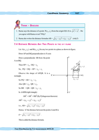 Coordinate Geometry 167
FreeDistributionbyT.S.Government2019-20
THINK - DISCUSS
1. Ramu says the distance of a point P(x1, y1) from the origin O(0, 0) is 2 2
1 1
x y
+ . Do
you agree withRamu or not? Why?
2. Ramu also writes the distance formulasAB = 2 2
1 2 1 2
( ) ( )
x x y y
- + - (why?)
7.4 DISTANCE BETWEEN ANY TWO POINTS IN THE X-Y PLANE
Let A(x1, y1) and B(x2, y2) be anytwo points ina plane as shown in figure.
DrawAPand BQ perpendiculars to X-axis
Draw a perpendicular AR from the point
A on BQ.
Then OP = x1, OQ = x2
So, PQ = OQ - OP = x2 - x1
Observe the shape of APQR. It is a
rectangle.
So PQ = AR = x2 - x1.
Also QB = y2, QR = y1,
So BR = QB - QR = y2 - y1
In DARB (right triangle)
AB2
=AR2
+ RB2
(ByPythagorean theorem)
AB2
= (x2 - x1)2
+ (y2 - y1)2
i.e., AB = 2 2
2 1 2 1
( ) ( )
x x y y
- + -
Hence, ‘d’the distance between the pointsAand B is
d = 2 2
2 1 2 1
( ) ( )
x x y y
- + - .
Thisis called the distance formula.
Y
X
X¢
Y¢
R
A
(
,
)
x
y
1
1
B
(
,
)
x
y
2
2
( - )
x x
2 1
( - )
y y
2 1
O P Q
( - )
x x
2 1
 